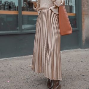 Zara Pleated Satin Effect Skirt in Mink (Beige)
